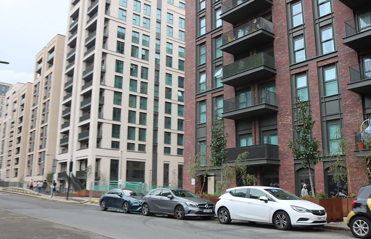 New-build apartment buildings with balconies in Canning Town, East London