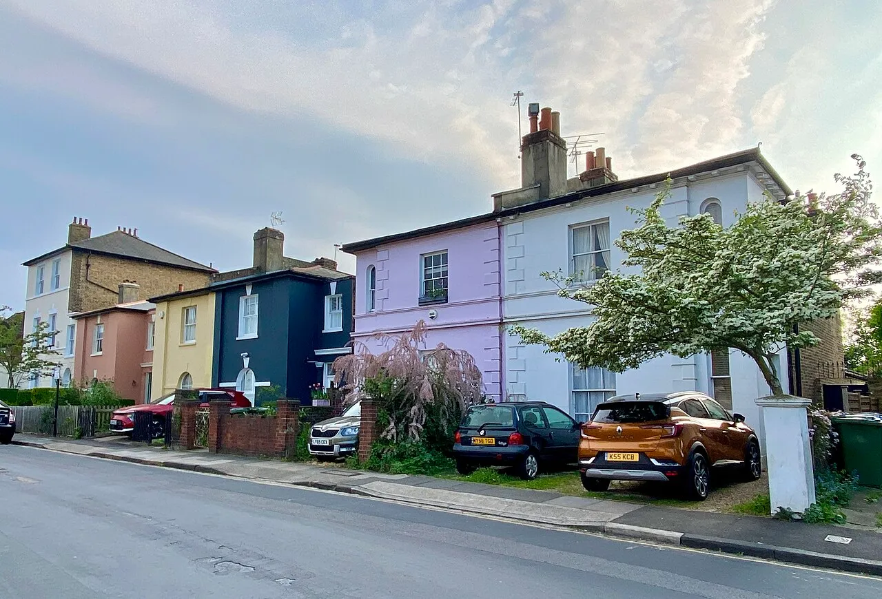 Colourful period houses on a residential street in Charlton, South East London