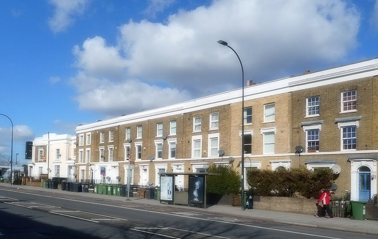 Georgian terraced houses under a blue sky in New Cross, South East London