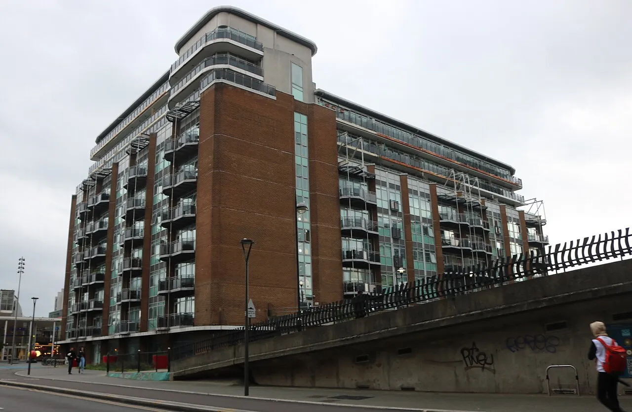 Modern apartment building with balconies in Stratford, East London